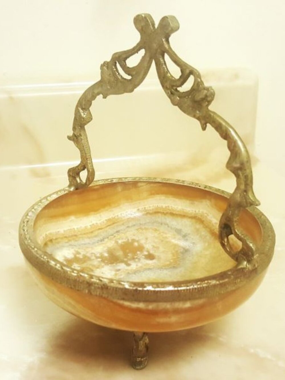 Vintage Onyx Bowl Brass Foot and Handle